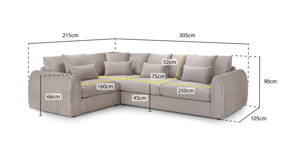 Mirabel left-corner sofa with dimensions marked in centimeters