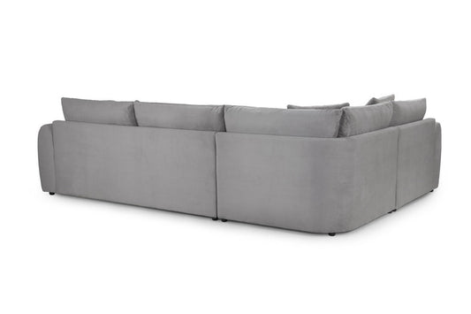 Gray corner sofa shown from the back, with a continuous upholstered rear panel