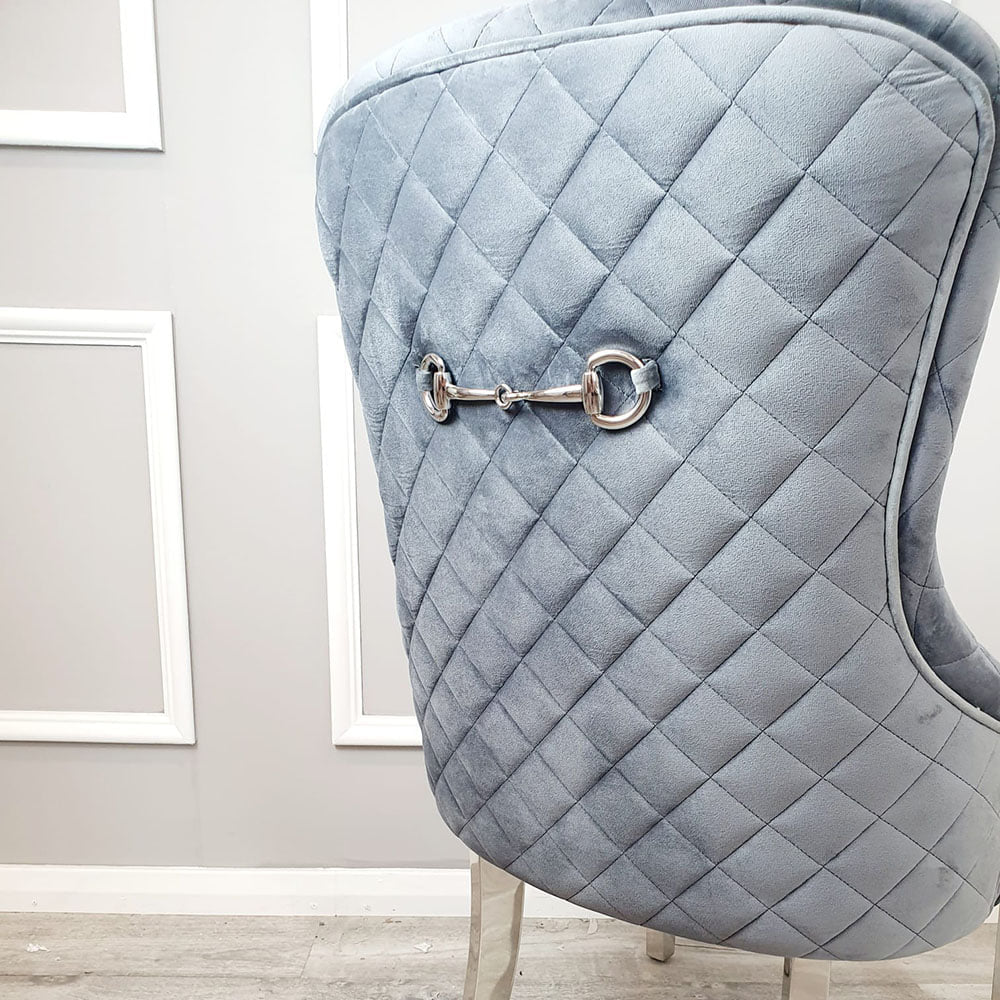 Set of 2 Kate Dining Chairs Grey Velvet with Chrome Clasp & Quilted Back