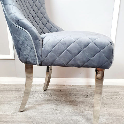 Set of 2 Kate Dining Chairs Grey Velvet with Chrome Clasp & Quilted Back