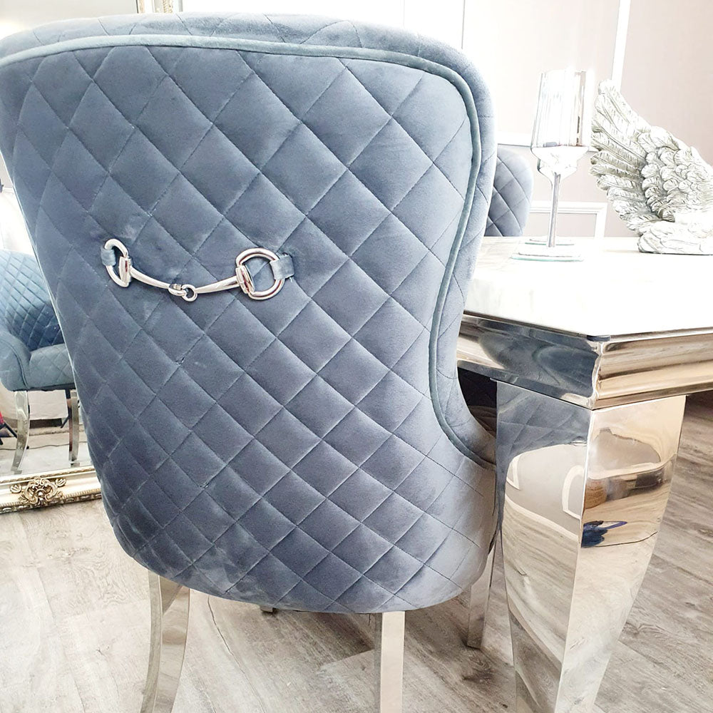 Set of 2 Kate Dining Chairs Grey Velvet with Chrome Clasp & Quilted Back
