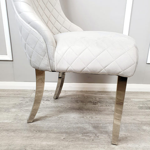 Set of 2 Kate Dining Chair White Velvet with Chrome Clasp & Quilted Back