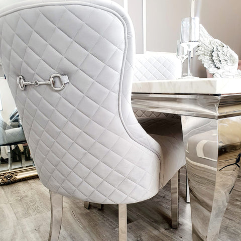 Set of 2 Kate Dining Chair White Velvet with Chrome Clasp & Quilted Back