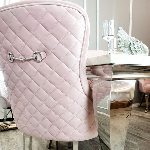 Set of 2 Kate Dining Chair Pink Velvet with Chrome Clasp & Quilted Back