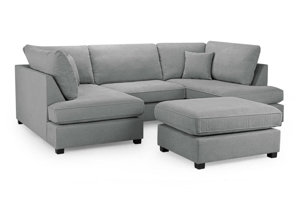 Gray U-shaped sectional sofa with loose cushions and matching ottoman