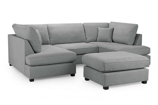 Gray U-shaped sectional sofa with loose cushions and matching ottoman