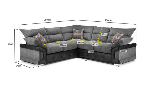 Gray corner sofa with dimension labels showing seat and overall measurements