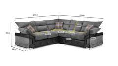 Gray corner sofa with dimension labels showing seat and overall measurements
