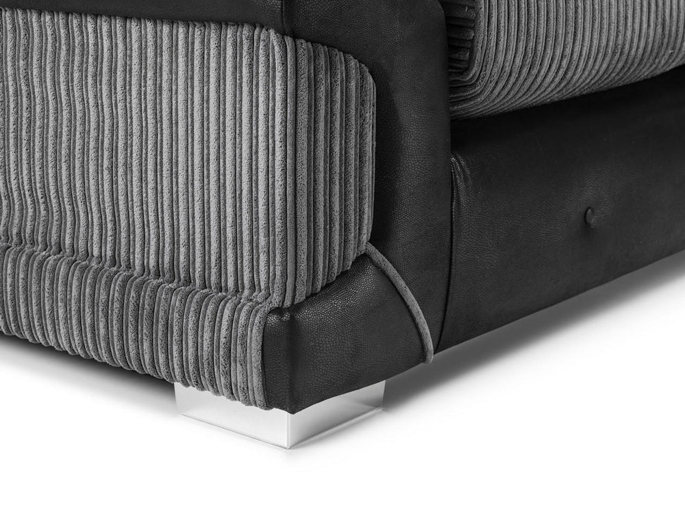 Close-up of ribbed gray upholstery, dark sofa base, and chrome foot
