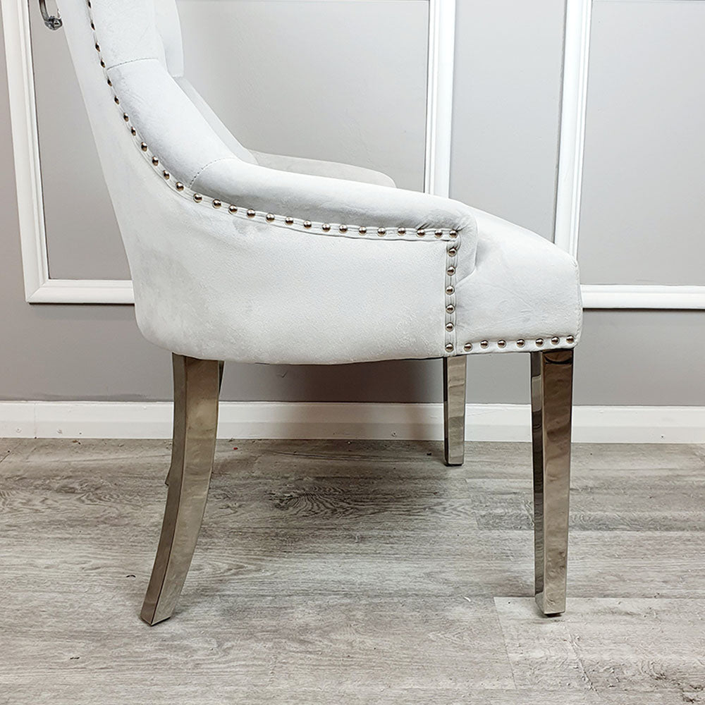 Megan  Light Grey Velvet Dining Chair / Plain Back Lion Knocker