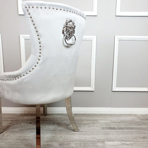 Megan  Light Grey Velvet Dining Chair / Plain Back Lion Knocker