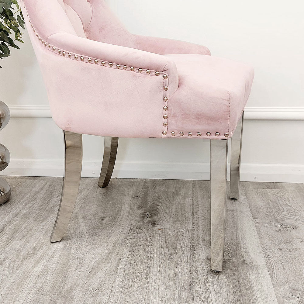 Set of 2 Megan Pink Velvet chair / plain back Lion Knocker