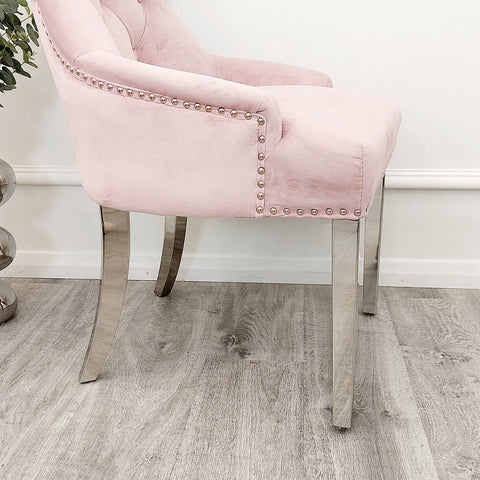 Set of 2 Megan Pink Velvet chair / plain back Lion Knocker