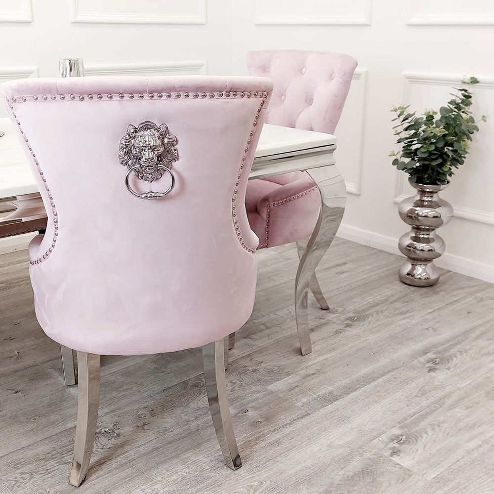 Set of 2 Megan Pink Velvet chair / plain back Lion Knocker
