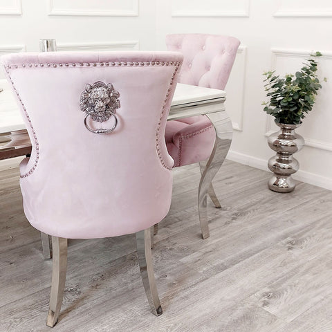 Set of 2 Megan Pink Velvet chair / plain back Lion Knocker