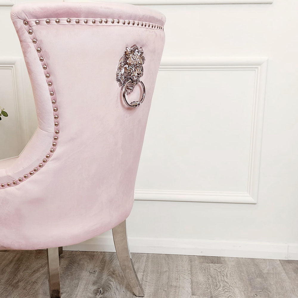 Set of 2 Megan Pink Velvet chair / plain back Lion Knocker