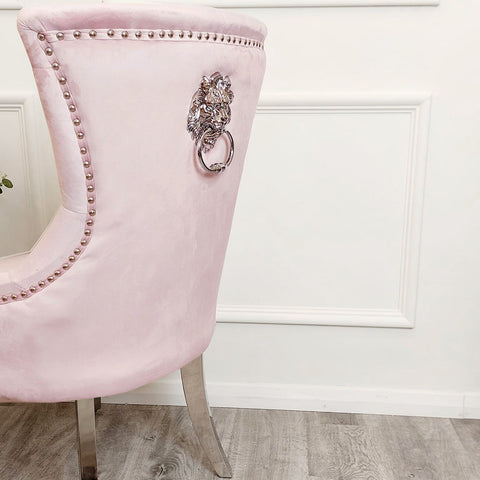 Set of 2 Megan Pink Velvet chair / plain back Lion Knocker