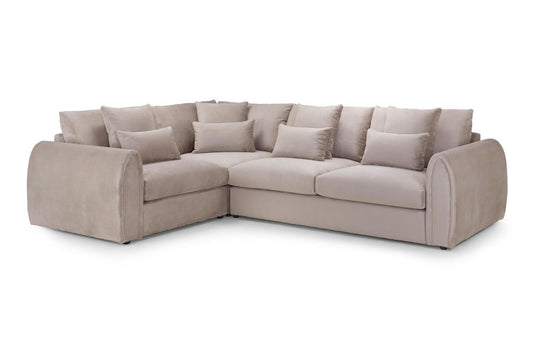 Mirabel scatter-back left-corner sofa in light taupe with loose cushions