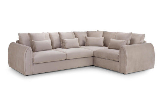 Mirabel right-corner scatter-back sofa in light taupe, with plush cushions and rounded arms