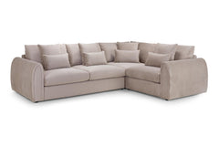 Mirabel right-corner scatter-back sofa in light taupe, with plush cushions and rounded arms