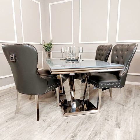 Athena Light Grey Marble 1.8m Dining Table With Set Of 4 Mayfair Dark Grey Leather Dining Chairs ALL With Plain Back/Square Knocker