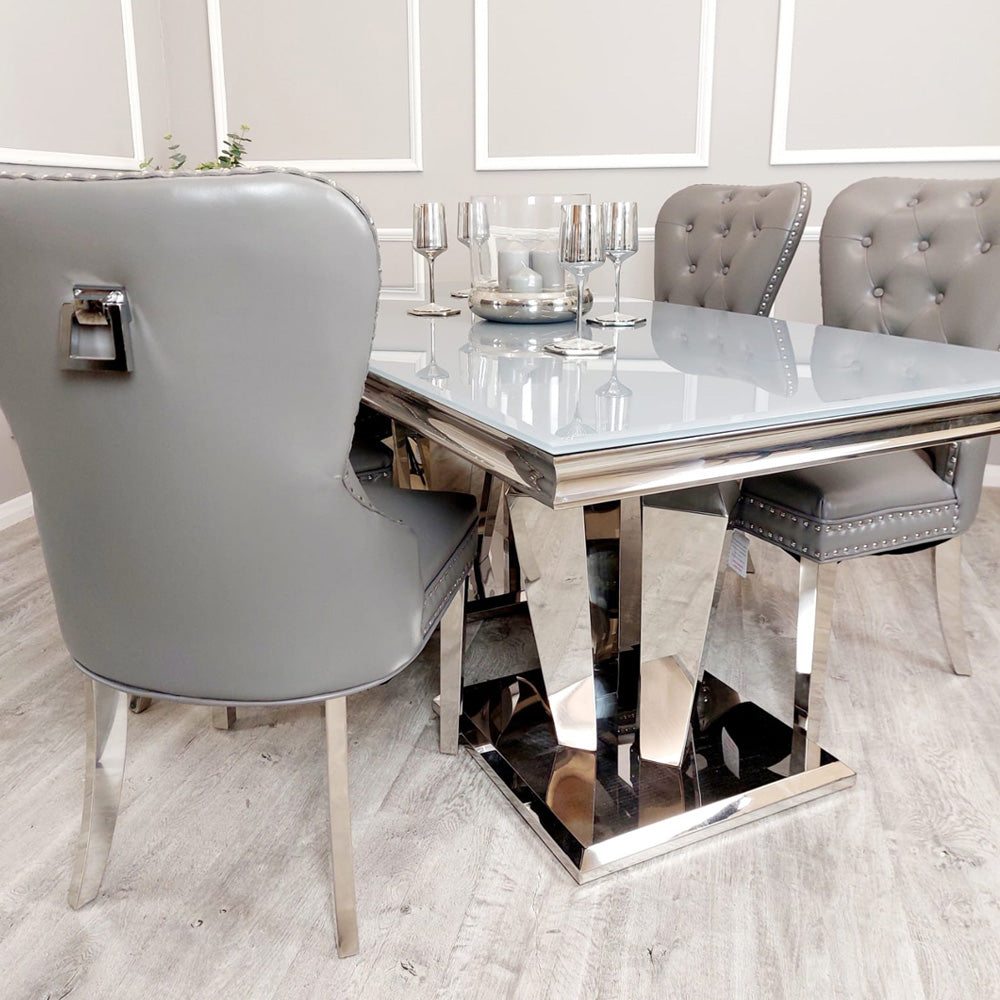 Athena Light Grey 1.8m Dining Table With Mayfair Leather Dining Chairs ALL COLOURS Plain Back/Square Knocker
