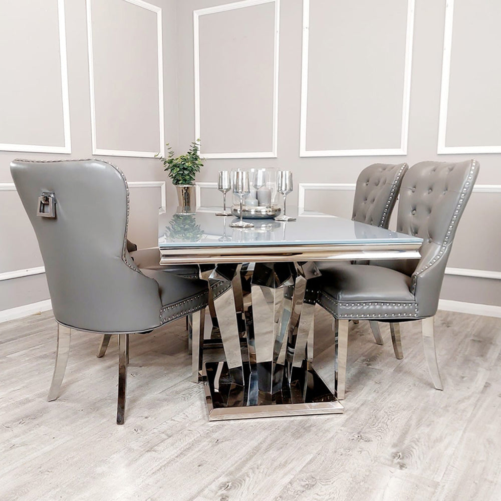 Athena Light Grey 1.8m Dining Table With Mayfair Leather Dining Chairs ALL COLOURS Plain Back/Square Knocker