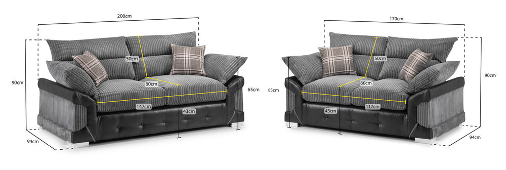Logan Fullback sofa set with dimensions marked for both sofas