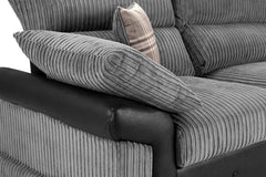 Logan Fullback sofa detail of ribbed gray cushions, dark arm, and plaid pillow