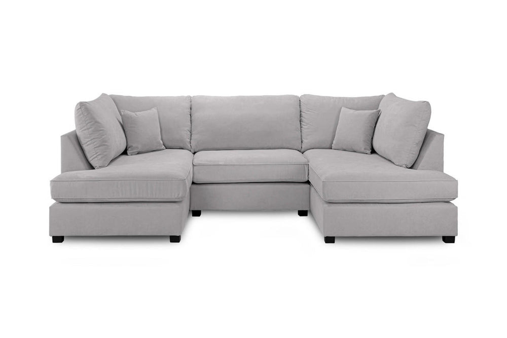 Front view of gray U-shaped sectional sofa with chaise ends and loose cushions
