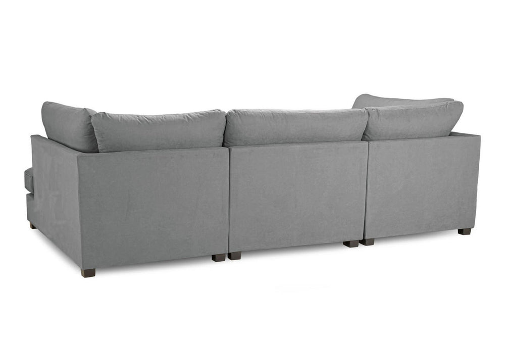 Rear view of gray U-shaped sectional sofa with upholstered back panels
