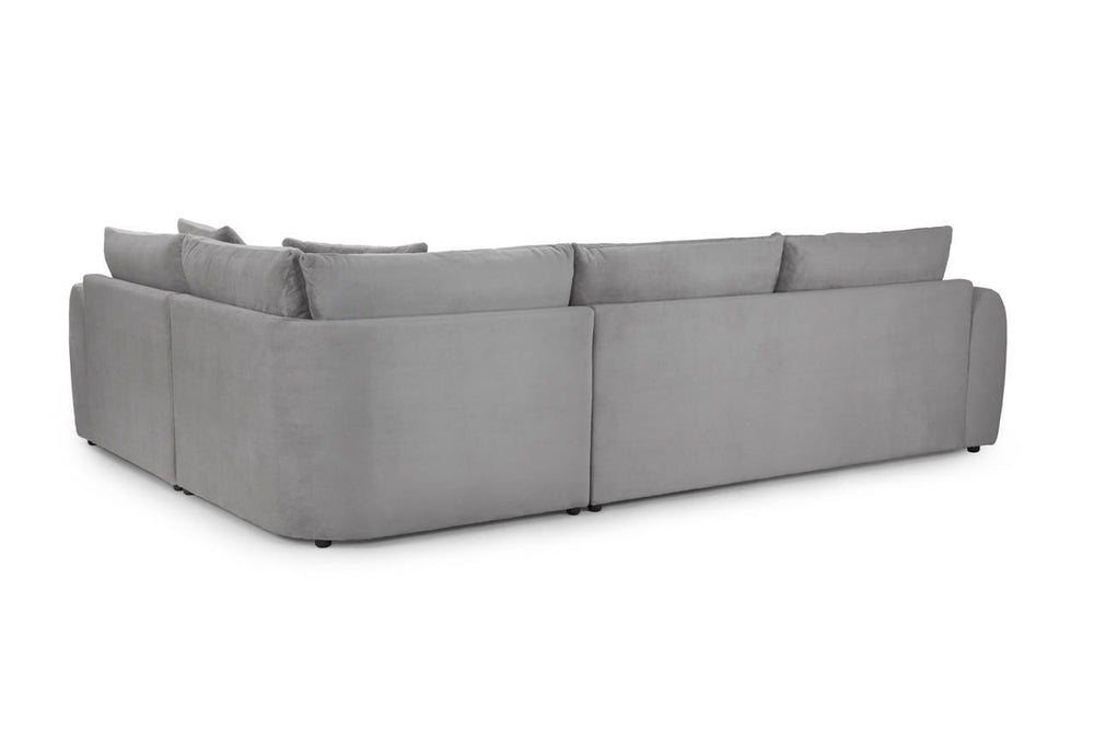 Mirabel gray corner sofa viewed from the back, with a low upholstered frame