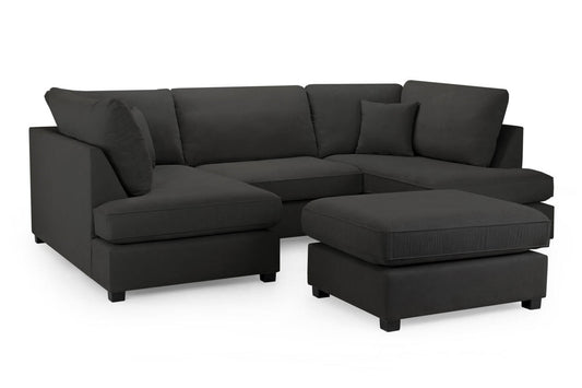 Dark charcoal U-shaped fullback sofa with matching ottoman and loose cushions