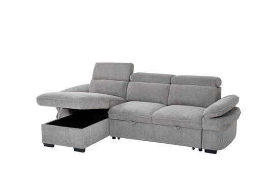 Hudson gray sofa bed with chaise storage compartment open beneath the lifted seat