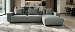 Malibu gray fabric chaise sectional sofa with three seat cushions and matching back pillows