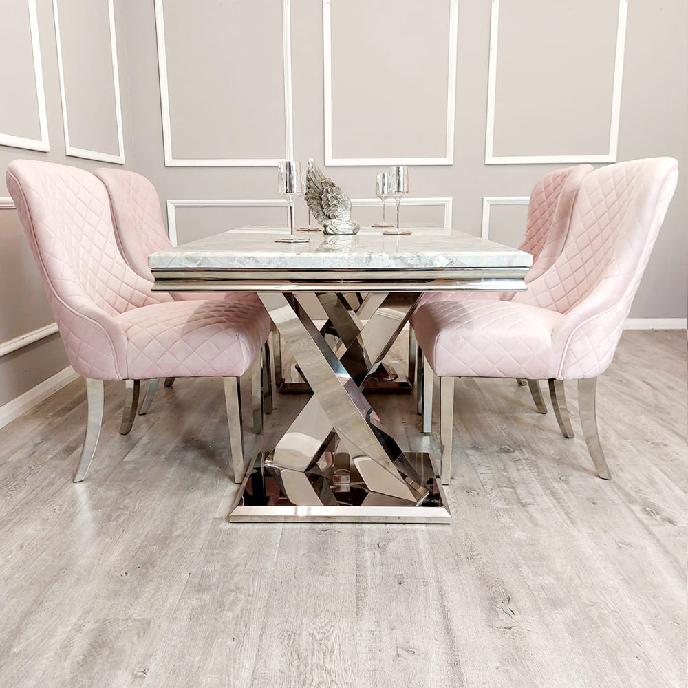 Xavia White Marble 1.8 Dining Table with set of 4 Pink Kate Dining Chairs