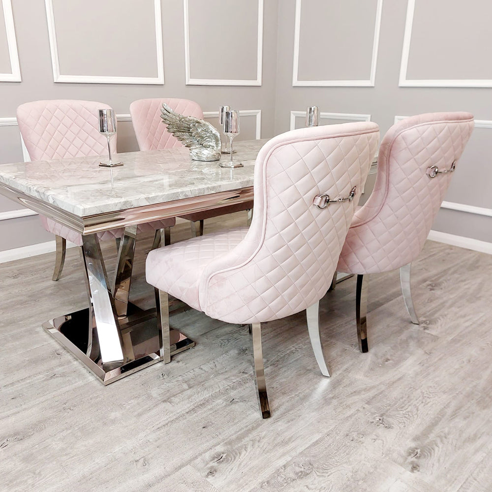Xavia White Marble 1.8 Dining Table with set of 4 Pink Kate Dining Chairs